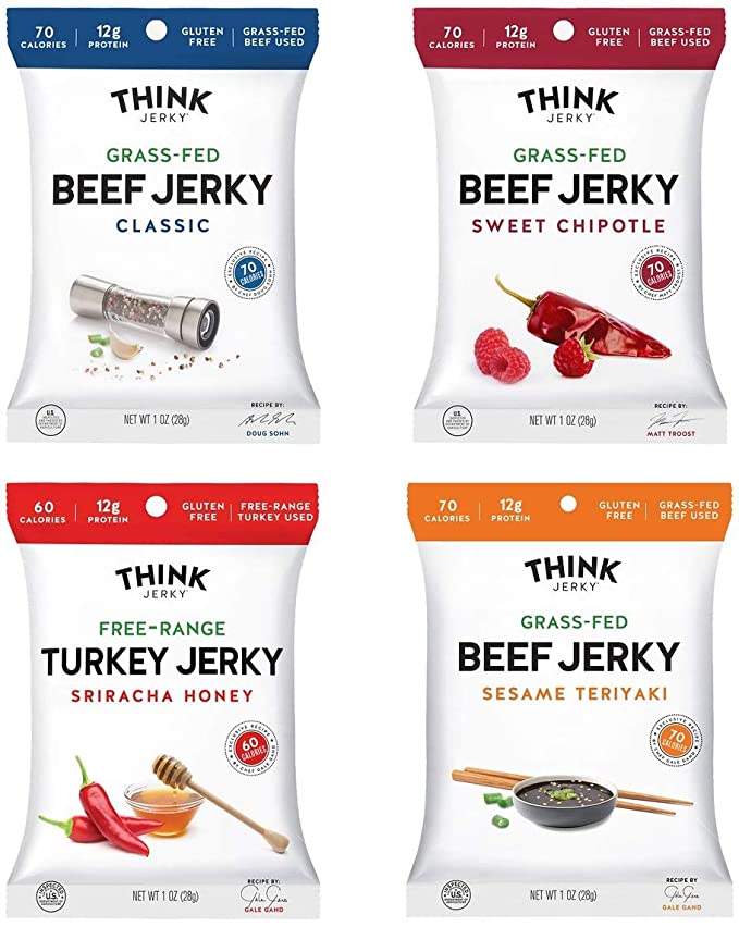 Jerky Variety Pack by Think Jerky — Delicious Chef Crafted Jerky — 100% All-Natural Grass-Fed Beef and Free-Range Turkey — Healthy Protein Snack Low in Calories, Salt and Fat — 1 Ounce (8 Pack)