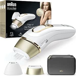 Braun Silk·expert Pro 5 Épilateur À Lumière Pulsée, Épilation Semi-Définitive Des Poils, Alternative À L’épilation Au Laser, Avec Pochette, 2 Têtes, Cadeau Pour Femme, Or/Blanc, PL5140