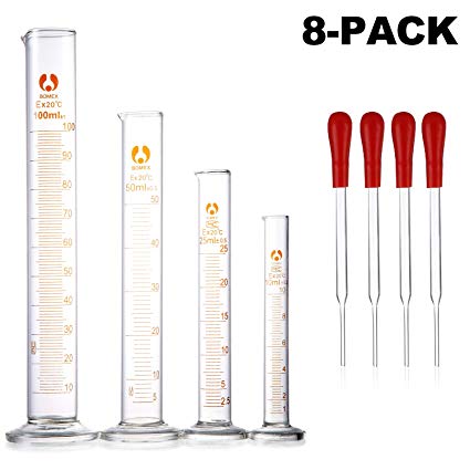 Young4us Glass Graduated Cylinders, Pack of 8 Cylindrical Glass Measuring & Glass Droppers Set, 4 Cylinders in 4 Sizes with Scales, 100ml, 50ml, 25ml, 10ml, 4 Glass Droppers Without Scales (3ml)