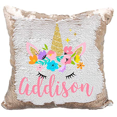 Personalized Mermaid Reversible Sequin Pillow, Custom Unicorn Sequin Pillow for Girls (White/Rose Gold)