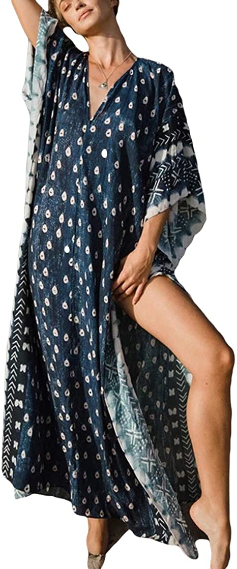 Bsubseach Women Bathing Suit Cover Up Ethnic Print Kaftan Beach Maxi Dresses