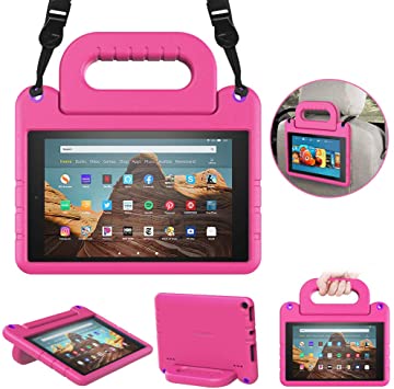 MoKo Kids Case Fits Fire HD 10 Tablet (7th/9th Generation, 2017/2019 Release), Shockproof EVA Kid-Friendly Protective Shell Convertible Handle Stand Cover Case with Shoulder Strap - Magenta