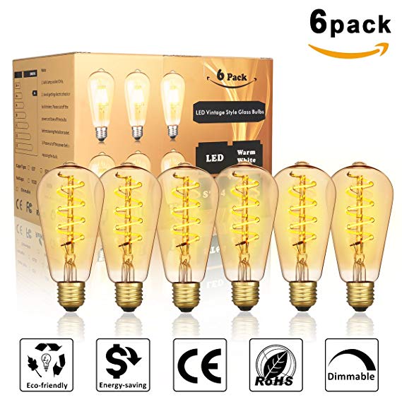 LED Vintage Edison Bulb, KINGSO 6 Pack Vintage Style Energy-Saving Bulbs Retro old fashioned Edison Style Screw Squirrel Cage E27 ST64 4W Spiral Filament LED Bulbs 220V Warm White