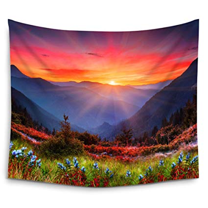 Mugod Mountain Nature Tapestry Rocky Mountain Sunset With Red Blue Flowers Wall Hanging Tapestry - Cotton Polyester Fabric Wall Art Tapestries Home Decor - 60" H x 80" W Inches