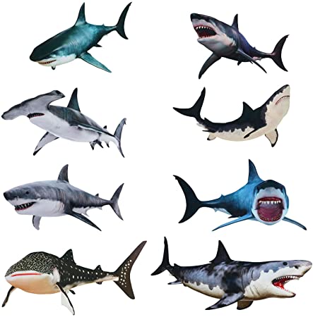 8 Pieces of Sharks Peel and Stick Wall Decals Sharks Removable Wall Stickers Animal Shark Sea Creature Decal Sticker for Room Bathroom Nursery Home Decoration