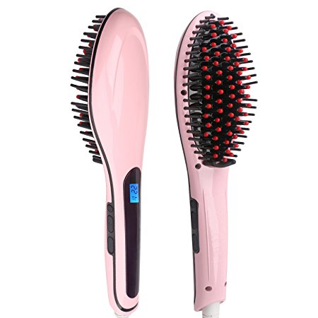 Electric Hot Hair Brush Ceramic Iron Salon Detangler Hair Straightener 75 Watt, Pink- By JoBox