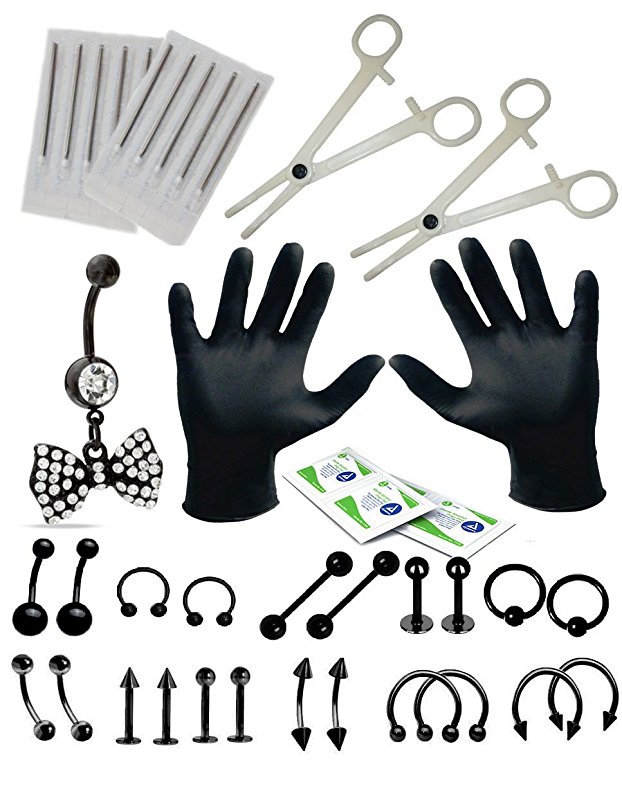16G, 14G Professional Piercing Kit 36 Pieces (Belly Rings Dangle Tongue Tragus Eyebrow Nipple Lip Nose)