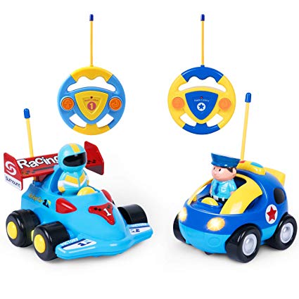 SGILE Remote Control Car Set, 2 Cartoon Remote Control Race Police Cars with Sound and Light, Birthday Gift Present for Boys Girls Toddlers Kids, Blue