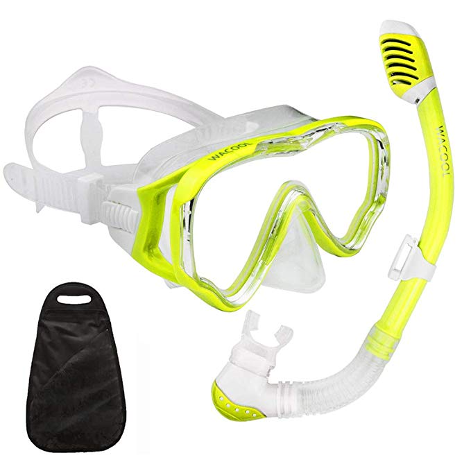 WACOOL Snorkeling Snorkel Package Set for Kids Youth Junior, Anti-Fog Coated Glass Diving Mask, Snorkel with Silicon Mouth Piece,Purge Valve and Anti-Splash Guard.