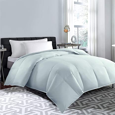 Cannon Home 100% Cotton White Goose Duck Down and Feather Filling Comforter 240 Thread Count Hypoallergenic Lightweight All Season Duvet Insert, F/Q, Light blue