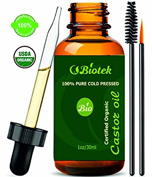 Premium Organic Castor Oil by Biotek-100% Pure Cold Pressed USDA Certified Growth Eyelashes & Eyebrows, Hair. Best Skin Moisturizer, Reduces Acne 1 oz (30ml)