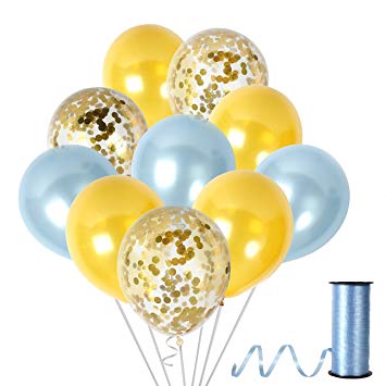12 Inch Light Blue and Gold Colorful Metallic Confetti Balloons Party Decorations for Royal Prince Baby Shower Wedding Bridal or Plush Sweet Sixteen Festival