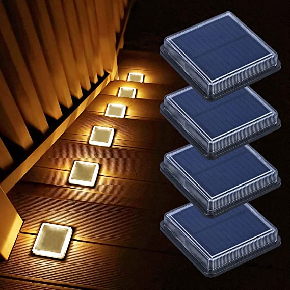 Lacasa Solar Deck Lights, 4 Pack Warm White LED Dock Lights, Outdoor Solar Powered Step Lights, Light up All Night, Sealed Waterproof for Garden Stairs Ground Driveway Pathway Lighting