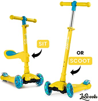 Lascoota 2-in-1 Kick Scooter with Removable Seat Great for Kids & Toddlers Girls or Boys – Adjustable Height w/Extra-Wide Deck PU Flashing Wheels for Children from 2-14 Years Old - Packaging May Vary