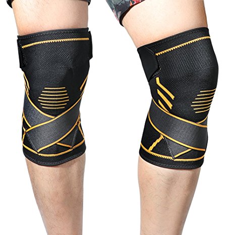 Athletics Knee Compression Sleeve Support (1pair) - Inofia Men & Women Sleeve with Crossover Pain Relief Strap 7mm Sleeve of Comfort Wear Anywhere for Sports, L(16.5-19")