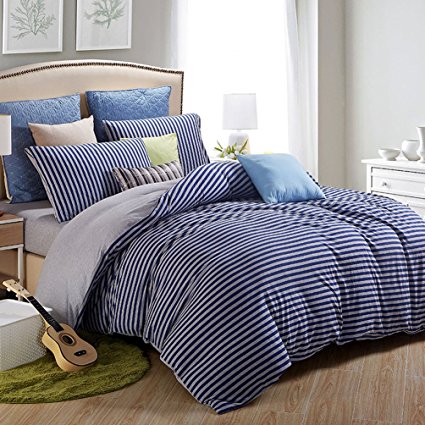 PURE ERA Jersey Knit Cotton Home Bedding Sets Striped Duvet Cover and Pillow Shams Soft Comfy Blue Grey Full/Queen Size
