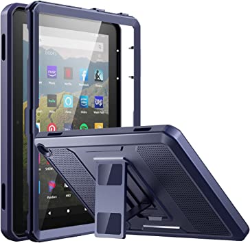 MoKo Case Fits Kindle Fire HD 8 & 8 Plus Tablet (10th Generation, 2020 Release), [Heavy Duty] Full Body Rugged Cover with Built-in Screen Protector, Dark Blue