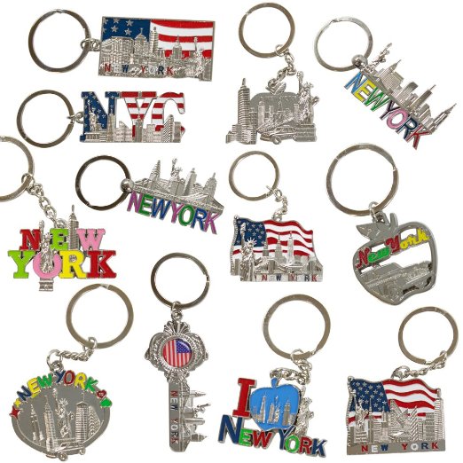12 NYC Keychain Souvenir Collection - Includes Empire State, Freedom Tower, Statue Of Liberty, USA Flag, NY Cab, And More - Metal - Bonus Race Day Car