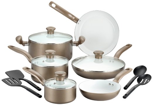 T-fal C728SE Initiatives Nonstick Ceramic Coating PTFE PFOA and Cadmium Free Scratch Resistant Dishwasher Safe Oven Safe Cookware Set, 14-Piece, Gold