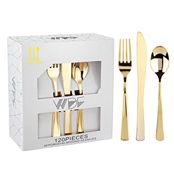 120 Pieces Gold Plastic Silverware- Disposable Flatware Set-Heavyweight Plastic Cutlery- Includes 40 Forks, 40 Spoons, 40 Knives -WDF