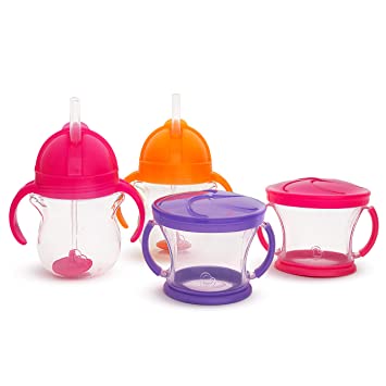 Munchkin Happy Snacker Snack Catcher & Sippy Cup Set, 4 Pack, Pink/Purple/Orange