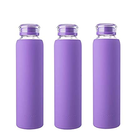 MIU COLOR 16Oz Glass Juicing Conainer with Purple Silicome Sleeve. Borosilicate Glass Bottle, Fruit bottle 3 Pack