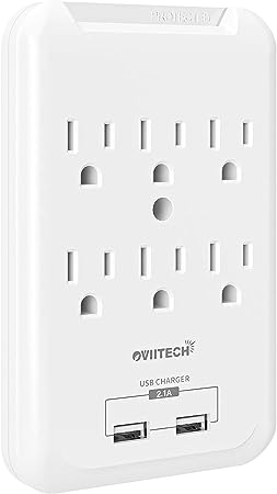 OviiTech Multi-Function Wall Mount Adapter, Surge Protector Charging Station, Dual (2.1A) USB Charging Ports,6 AC Outlets