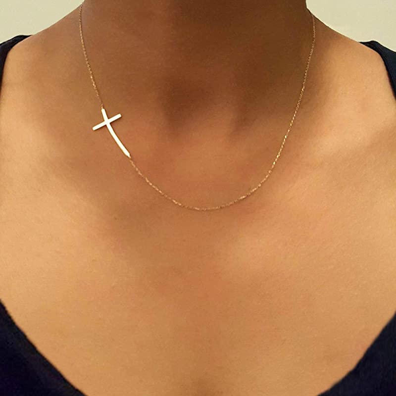 14K Solid Gold or Sterling Silver Cross Necklace, Handmade Sideways Celebrity Cross Necklace Dainty Cross Necklace, Mothers Day Gift for Her, Dainty Cross Pendant, Gold Cross Necklace, Jewee Diamond