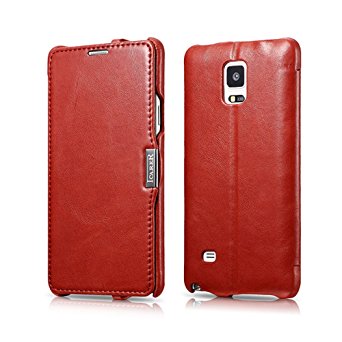 Galaxy Note 4 Case, [Vintage Classic Series] [Genuine Leather] Flip Cover Folio Case [Simple Stand], Corrected Grain Leather Case [1 Card Slot] with Magnetic Closure for Samsung Note 4 (Vintage Red)