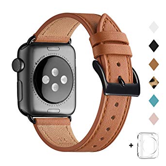 Bestig Band Compatible for Apple Watch 38mm 40mm 42mm 44mm, Genuine Leather Replacement Strap for iWatch Series 5/4/3/2/1, Sports & Edition (Brown Band Black Adapter, 42mm 44mm)