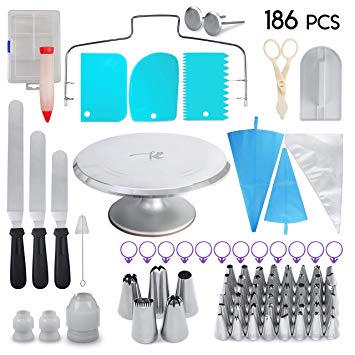 186 Pcs Cake Decorating Supplies Kit,Aluminium Rotating Turntable Stand,Frosting Piping Tips,100 Disposable Bags,Couplers,Scrapers,Spatulas,Cutter,Smoother,Flower Nails,Lifter,Baking Tools Set