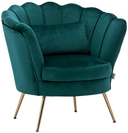 WamieHomy Armchair Velvet Upholstered Lotus Oyster Shell Occasional Tub Chair for Living Room Bedroom Reception Contemporary (Green)
