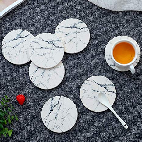Marble Pattern Absorbent Stone Coasters Set of 6 PCS Thirsty Ceramic Coasters for Drinks with Cork Backing White