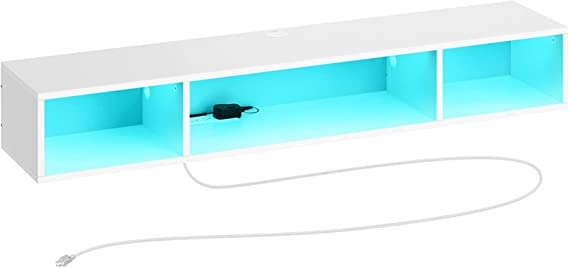 Rolanstar Wall Mounted TV Stand with Power Outlet, Media Console Stand with RGB Lights, 55” TV Storage Shelf, Floating TV Stand Entertainment Shelf with LED for Living Room Bedroom, White