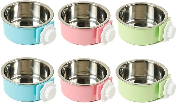 kathson Crate Dog Bowl, Removable Stainless Steel Hanging Pet Cage Bowl Food & Water Feeder Coop Cup for Cat, Puppy, Birds, Rats, Guinea Pigs 6pcs(2×Blue,2×Green,2×Pink)