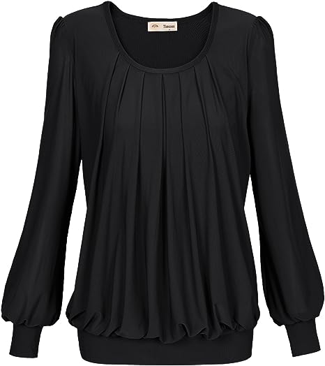 Timeson Women's Long Sleeve Scoop Neck Pleated Front Fitted Blouse Tops