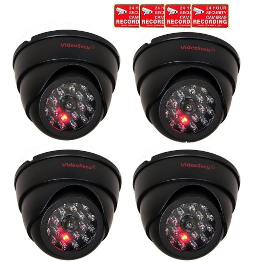 VideoSecu 4 Pack Dome Dummy Fake Infrared IR CCTV Surveillance Security Cameras Imitation Simulated Blinking LED with Security Warning Stickers C4B