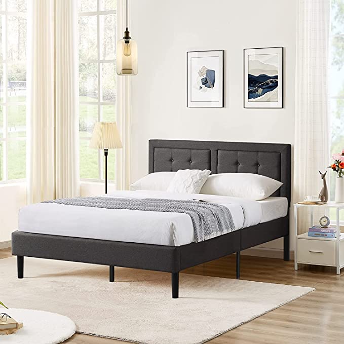 VECELO Full Size Upholstered Platform Bed Frame with Adjustable Headboard, Mattress Foundation / Strong Slat Support / No Box Spring Needed, Dark Grey