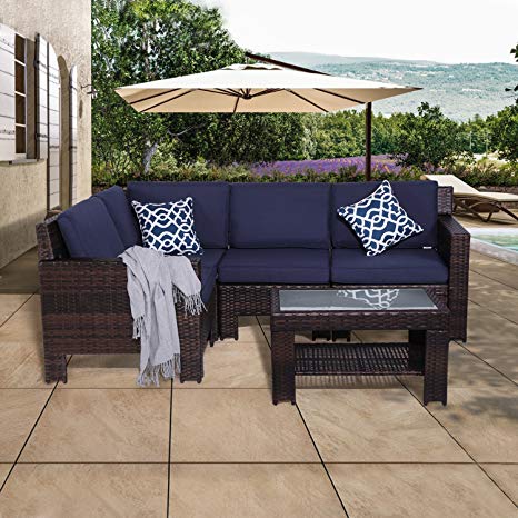 Diensday Outdoor Furniture 5-Piece Sectional Sofa Set All Weather Brown Wicker Deep Seating with Navy Blue Waterproof Olefin Cushions & Sophisticated Glass Coffee Table | Patio, Backyard, Pool, Porch