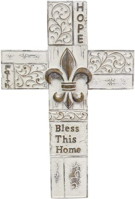 BestGiftEver FDL Fleur De Lis White Distress Scrolls Wall Cross with Saying Hope Faith Bless This Home 13.2"