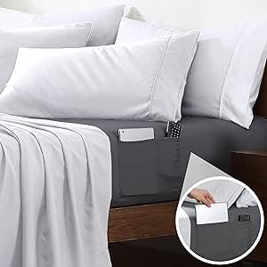 Cathay Home Queen Double-Sided Organizer Pocket Fitted Smart Sheet - Double Brushed Ultra Soft – Wrinkle & Fade Resistant - 14" Deep Pocket Fitted Sheet Only (Queen, Grey)