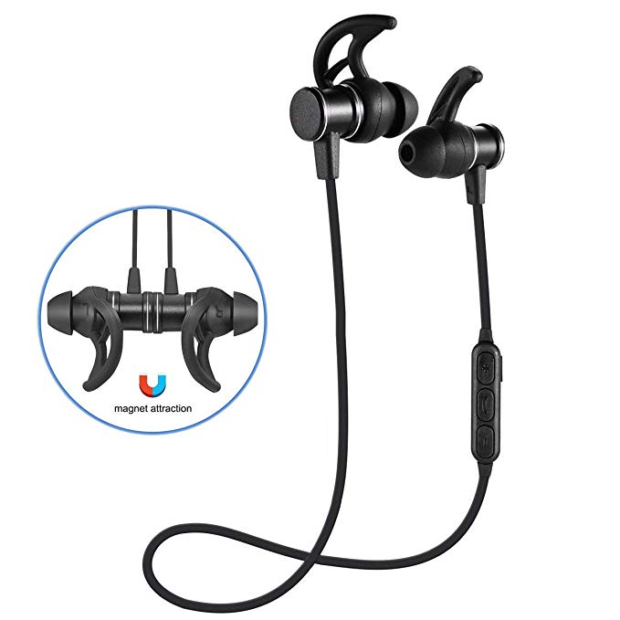 Fiveblessing SLS-100 Wireless Bluetooth Sport Earphones Built in Microphone Runner Earphones Noise Canceling Headset in-Ears for Call Center Smart Cell Phone [Black]