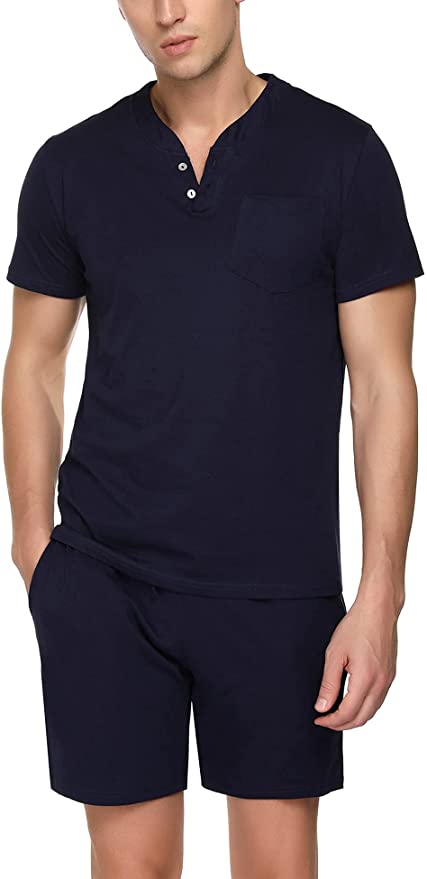Aibrou 100% Cotton Pyjamas for Men Set Short Sleeve Loungewear Summer T-Shirts Sleepwear Top & Bottoms Shorts Nightwear Sets