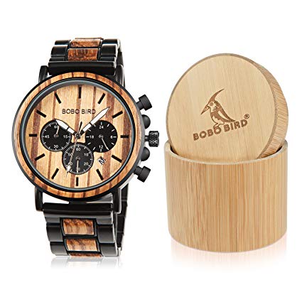 BOBO BIRD Wooden Mens Watches Stylish Wood & Stainless Steel Combined Chronograph Military Quartz Casual Wristwatches