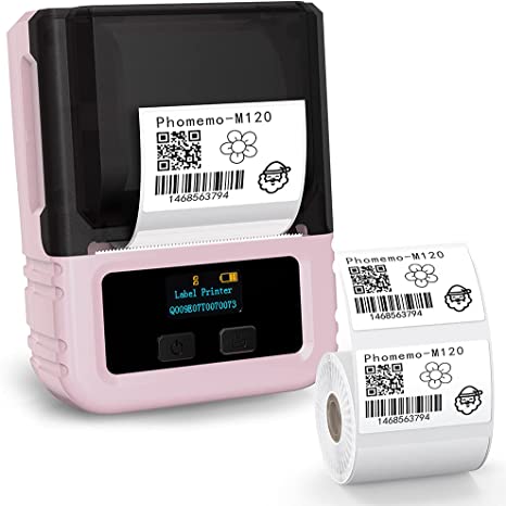 Phomemo Label Printer Machine - M120 Label Maker Machine, Wireless Mini Bluetooth Thermal Barcode Label Printer, Address, Labels, Postage Label Printer Compatible with Android & iOS, Pink