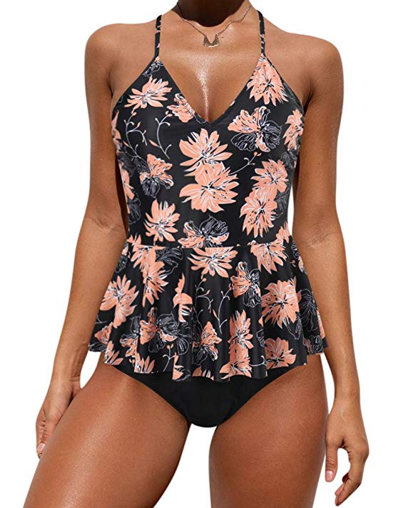 MOSHENGQI Bikini Swimsuits Top Ruffled Tiered Ruched High Waisted Two Piece Bathing Suits for Women