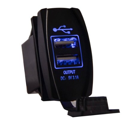 Mictuning Universal Rocker Style Car USB Charger - with Blue LED Light Dual USB Power Socket for Rocker Switch Panel