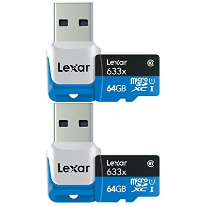 Lexar 64GB microSDXC UHS-I 633X Memory Card w/ USB 3.0 reader 2-Pack (128GB Total)