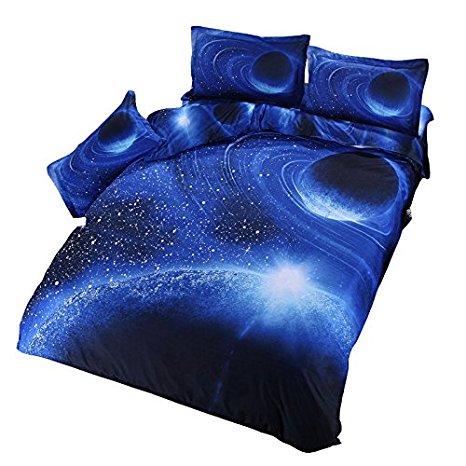 Moreover 4PCS 3D Galaxy Bedding 100% Microfiber Blue Bedding Sets Kids 3D Space Bedding Set Queen Size(One Flat Sheet,One Duvet Cover and Two Pillowcases)