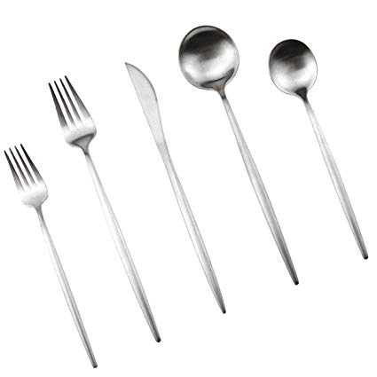 Gugrida Silver Flatware, Royal 5 Piece Luxury Matte Finish 18/10 Stainless Steel Tableware Sets for 1 Including Forks Spoons Knives, Camping Silverware Travel Utensils Set Cutlery (Silver)